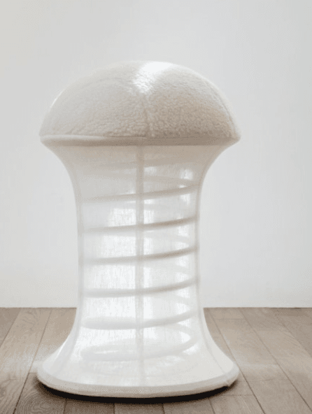 A contemporary white mushroom-shaped stool with a textured, domed seat and a translucent, fluted, hourglass-shaped base. — 3D model