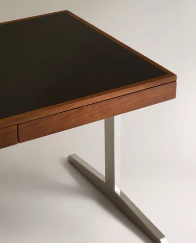 A sophisticated Mid-Century Modern executive desk featuring a rectangular wooden top with a dark inset surface, likely leather or laminate. It includes two integrated drawers and is supported by two polished metal, inverted T-shaped legs, embodying a minimalist design. — 3D model