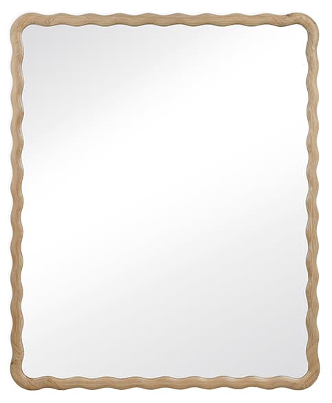 A rectangular wall mirror featuring a distinctively wavy, light-toned wooden frame. The frame has a natural grain and softly rounded corners, enclosing a flat reflective surface. — 3D model