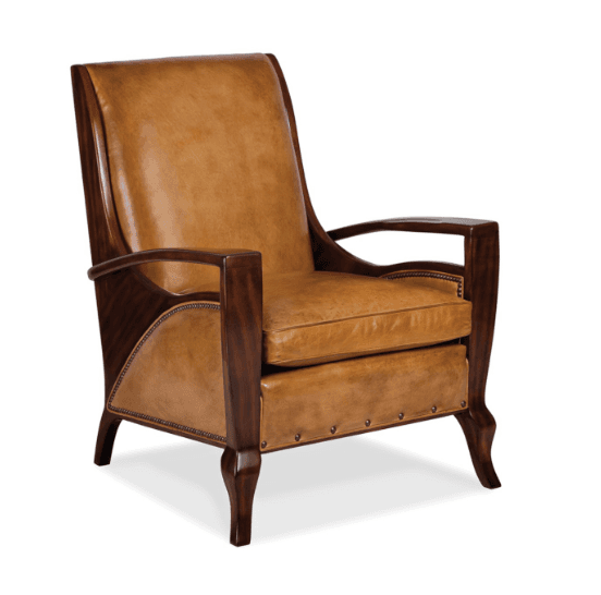 A traditional armchair featuring a prominent dark wood frame and light tan leather upholstery, accented with brass nailhead trim. — 3D model
