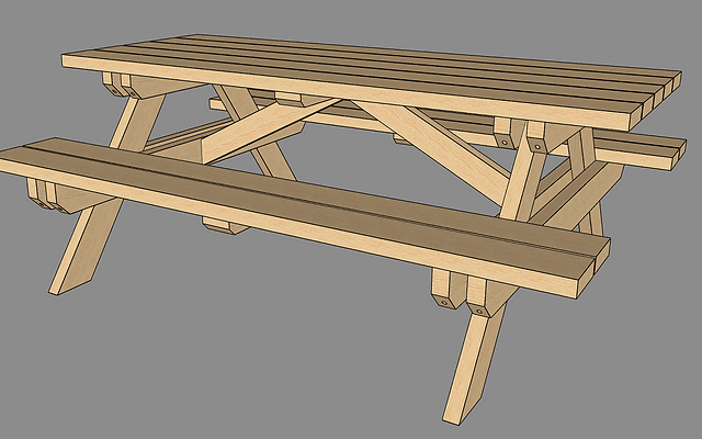 A 3D rendering of a traditional wooden picnic table featuring a slatted tabletop and two integrated benches, all constructed from light-toned wood. The structure includes angled legs and X-shaped cross bracing for stability. — 3D model