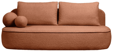 A contemporary loveseat featuring a rounded, organic silhouette, upholstered in a textured, rust-colored boucle fabric. It includes two plush back cushions and two smaller spherical accent pillows, all matching the primary upholstery. The design emphasizes softness and comfort with its generous proportions and subtle piping details. — 3D model