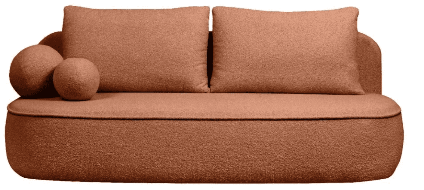 A contemporary loveseat featuring a rounded, organic silhouette, upholstered in a textured, rust-colored boucle fabric. It includes two plush back cushions and two smaller spherical accent pillows, all matching the primary upholstery. The design emphasizes softness and comfort with its generous proportions and subtle piping details. — 3D model