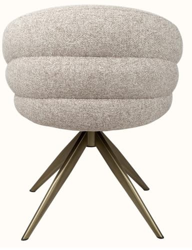 A modern upholstered armchair with a curved backrest and a swivel base. The seat and back are padded and covered in a textured, light-colored fabric. The base consists of four splayed metal legs with a brushed brass finish, converging at a central point. — 3D model
