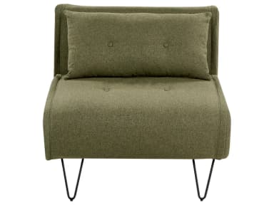 An olive green armless chair designed for convertibility, featuring a textured upholstered fabric. It includes a loose back cushion with a single button tuft. The main seat also has a visible button detail. The base is supported by four black metal hairpin legs, suggesting a modern or industrial aesthetic. The construction indicates it can likely fold out into a flatter surface for sleeping or lounging. — 3D model