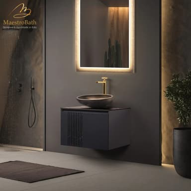 A modern vanity unit designed for bathrooms. It features a dark, matte-finished cabinet with vertical ribbed detailing on one side. A dark, textured bowl-shaped sink is mounted on the countertop, accompanied by a minimalist brass faucet. — 3D model