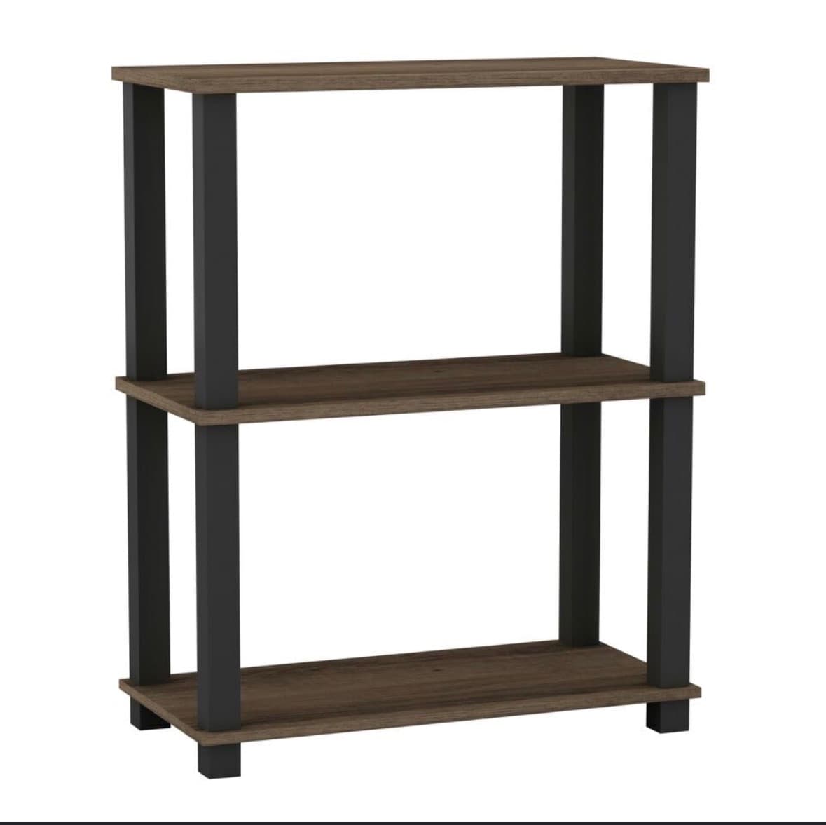 A modern three-tier open shelving unit featuring a dark wood-look finish on its shelves and contrasting dark gray or black rectangular vertical supports. The unit has an open-back design, providing visual lightness and accessibility from all sides. — 3D model