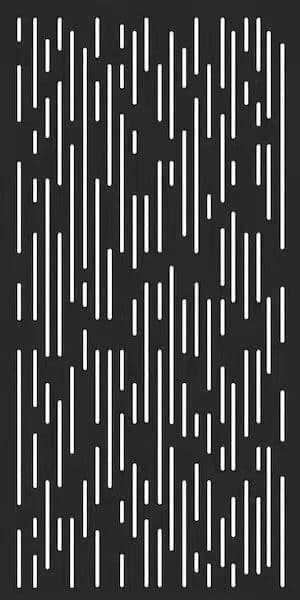 A tall, rectangular, thin black panel featuring an abstract pattern of varied vertical and diagonal slot-like perforations, designed for spatial division or decorative purposes. — 3D model