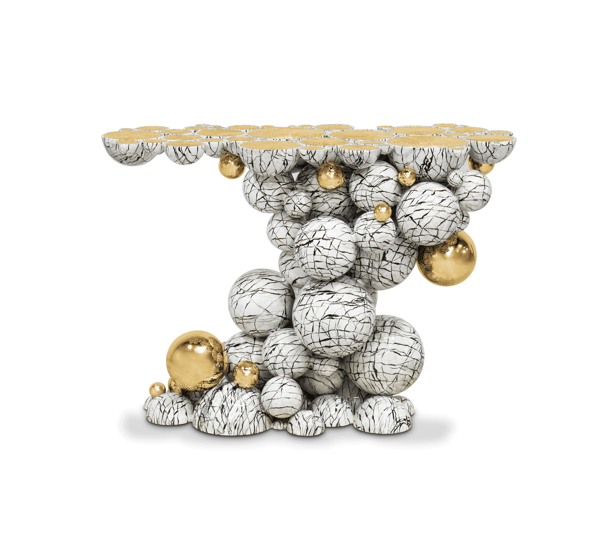 An avant-garde console table featuring a sculptural base composed of numerous white spheres and half-spheres with a cracked, black vein marble-effect pattern, interspersed with polished gold spheres of varying sizes. The table's top surface is formed by a series of half-spheres with flat, gold-colored tops, creating a segmented, irregular tabletop. The overall design presents a striking, artistic aesthetic. — 3D model