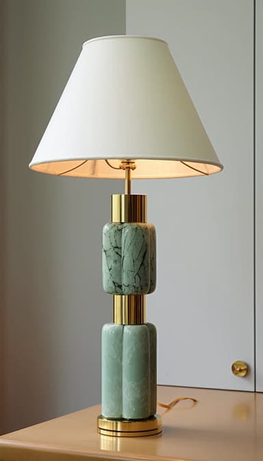 A contemporary table lamp featuring a stacked base of green marble and brass accents, topped with a white fabric conical shade. The base comprises two cylindrical green marble sections, each with a subtle fluted or rounded profile, separated and capped by polished brass rings and a circular brass base plate. The design emphasizes a balanced combination of luxurious materials and geometric forms. — 3D model