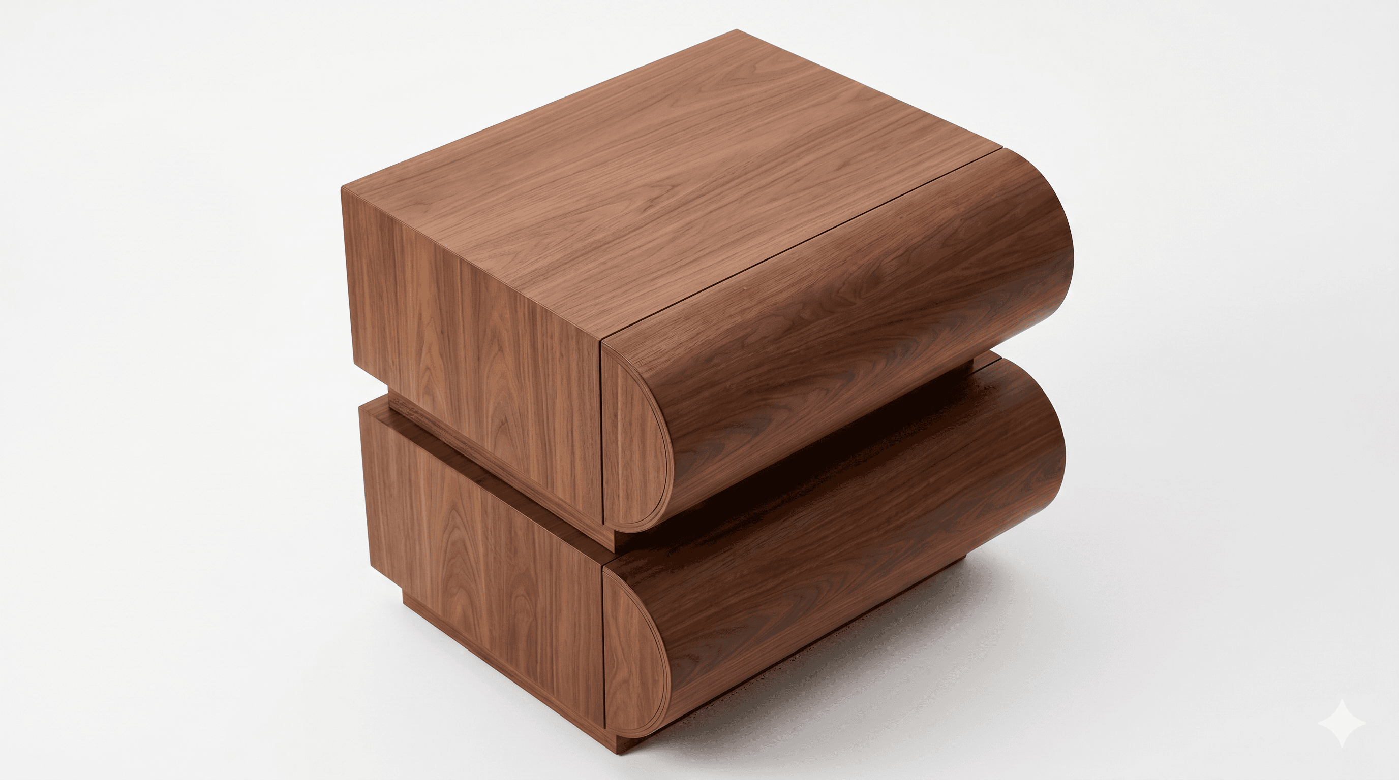 A modern, rectangular storage unit or nightstand, crafted from rich dark wood, likely walnut. It features two stacked compartments, each equipped with a curved, slatted tambour door that slides open horizontally to reveal interior storage. The design is minimalist with clean lines and a smooth, matte finish, highlighting the natural wood grain. — 3D model
