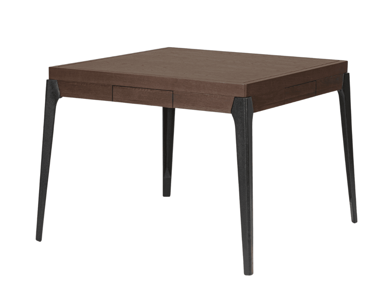 A square accent table featuring a dark brown wooden top with integrated shallow drawers and four dark, tapered metal legs. The design is clean and contemporary, with a minimalist aesthetic. — 3D model
