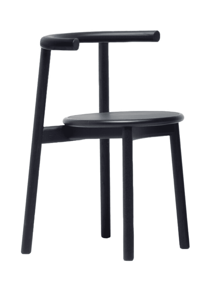 A minimalist black wooden dining chair featuring a circular seat and a distinctive integrated curved backrest that extends to form a partial armrest. The chair stands on four straight, tapered legs, all finished in a uniform matte black. — 3D model