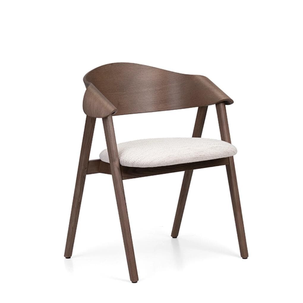 A modern dining armchair featuring a dark wood frame and a light-colored upholstered seat. The backrest and armrests are integrated into a single curved wooden piece, giving the chair a sleek, contemporary appearance. The legs are slender and tapered. — 3D model
