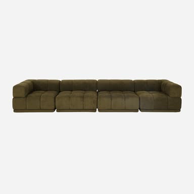 A long, modular sectional sofa featuring a deeply tufted design, upholstered in a textured, dark olive green fabric. It is composed of multiple square-shaped units, including corner pieces that form an L-shape at one end. The sofa has a low-profile, chunky aesthetic. — 3D model