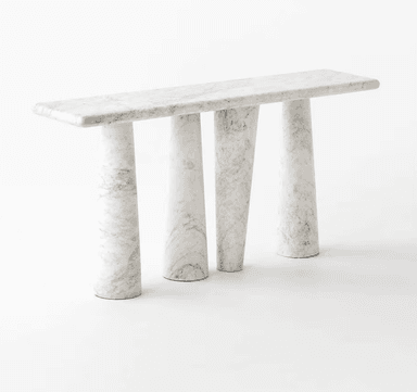 A minimalist and sculptural console table crafted entirely from white marble with subtle grey veining. The table features a rectangular top supported by a uniquely designed base consisting of organically curved or twisted marble pillars, giving it a solid and artistic appearance. The surfaces are polished, enhancing the natural beauty of the stone. — 3D model