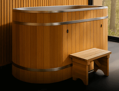 An oval-shaped bathtub constructed with vertical wooden staves for the exterior walls, reinforced by two horizontal metallic bands. The interior basin is a smooth, gray molded material. The overall design evokes a rustic yet modern aesthetic, suitable for a spa or bathroom setting. — 3D model
