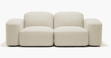 A two-seater sofa with a textured boucle upholstery. The sofa features rounded arms and a low profile with distinct seating cushions. — 3D model