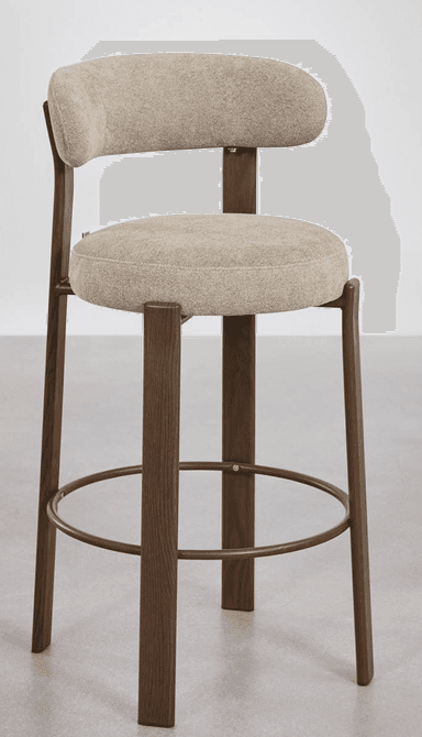 A contemporary bar stool featuring a dark wood frame, an upholstered seat, and a contoured upholstered backrest. It includes a circular metal footrest for comfort and stability. — 3D model