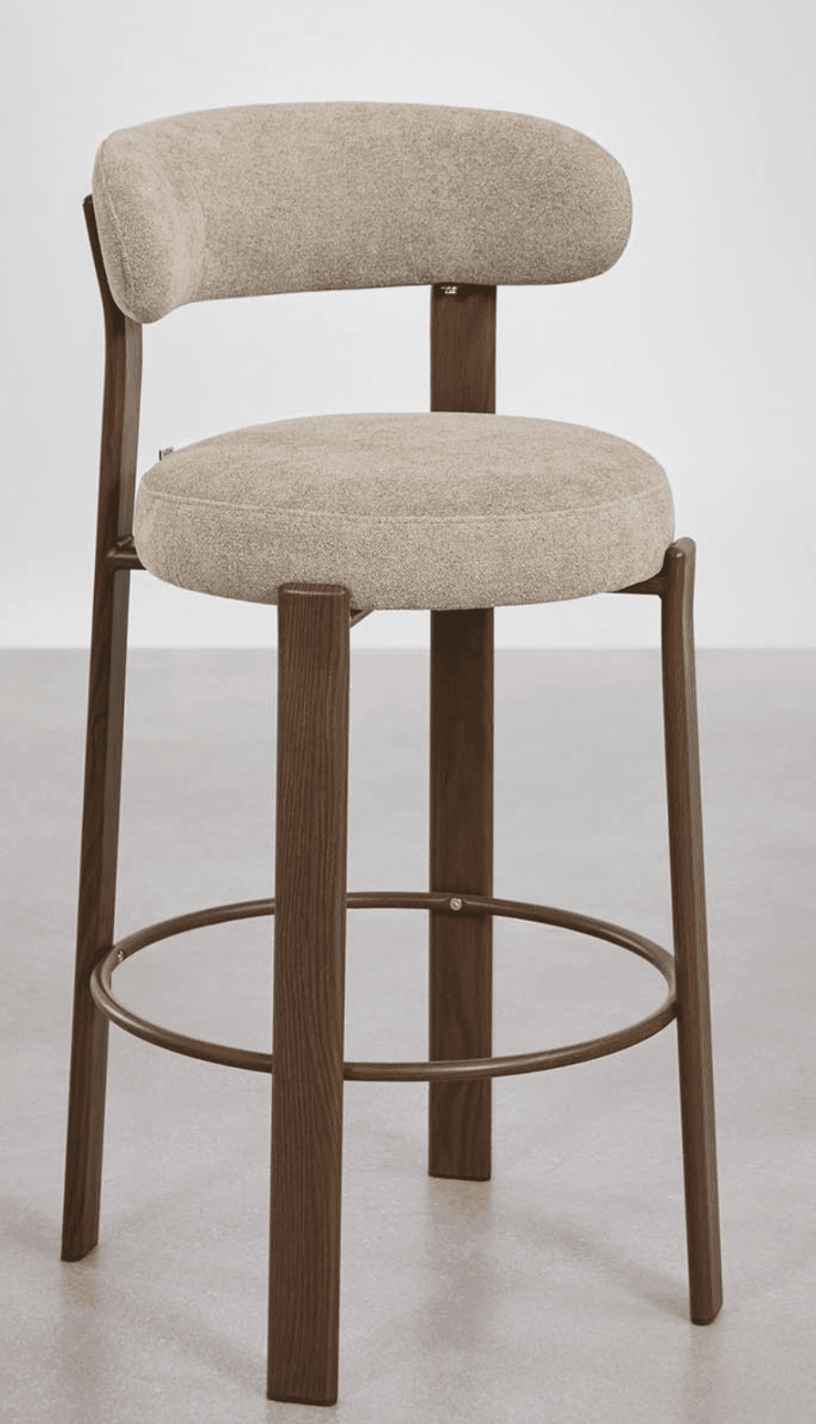 A contemporary bar stool featuring a dark wood frame, an upholstered seat, and a contoured upholstered backrest. It includes a circular metal footrest for comfort and stability. — 3D model