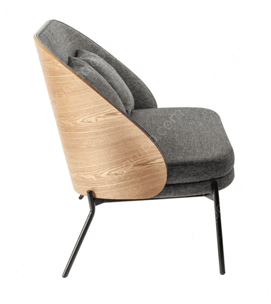 A contemporary two-seater loveseat featuring a curved, enveloping backrest and armrests, upholstered in a textured gray fabric. The loveseat includes two loose square back cushions. It is supported by slim, tapered black metal legs, with a subtle wooden trim visible on the exterior curve of the back. — 3D model