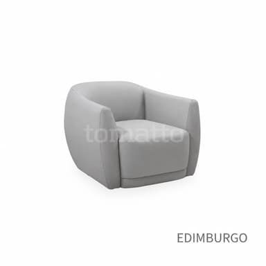 A modern, grey upholstered armchair with a rounded barrel shape, integrated arms and back, and a separate seat cushion. The chair features visible stitching along its seams and a slightly recessed base indicative of a swivel mechanism. — 3D model