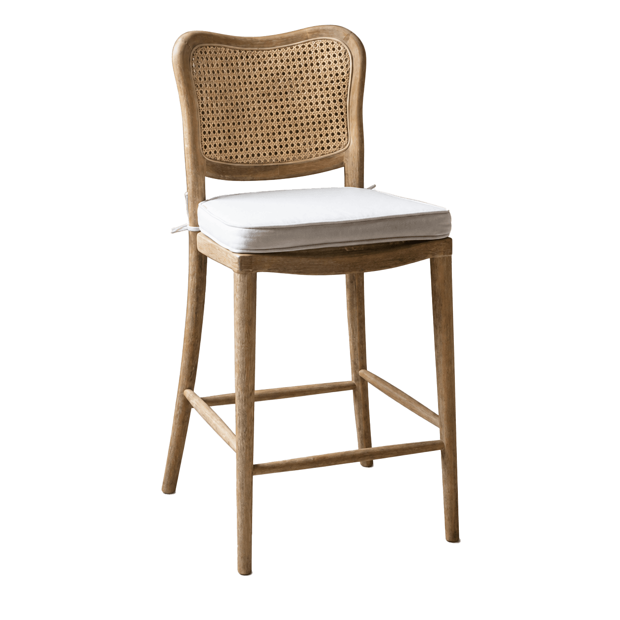 A tall wooden bar stool with a distressed light brown finish, featuring a curved backrest with a woven cane rattan insert. It has four sturdy legs, a footrest for comfort, and a removable white fabric seat cushion secured with ties. — 3D model