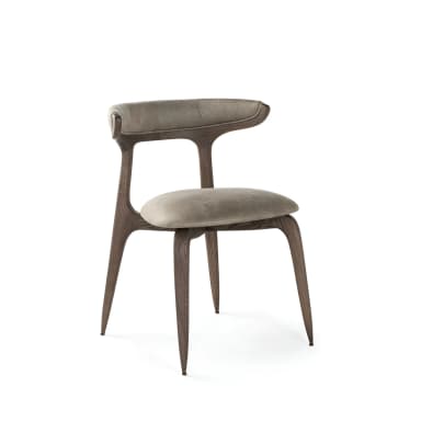 A contemporary dining chair featuring a curved wooden frame with dark stain and light grey/taupe upholstered seat and backrest, designed with integrated arm support. — 3D model
