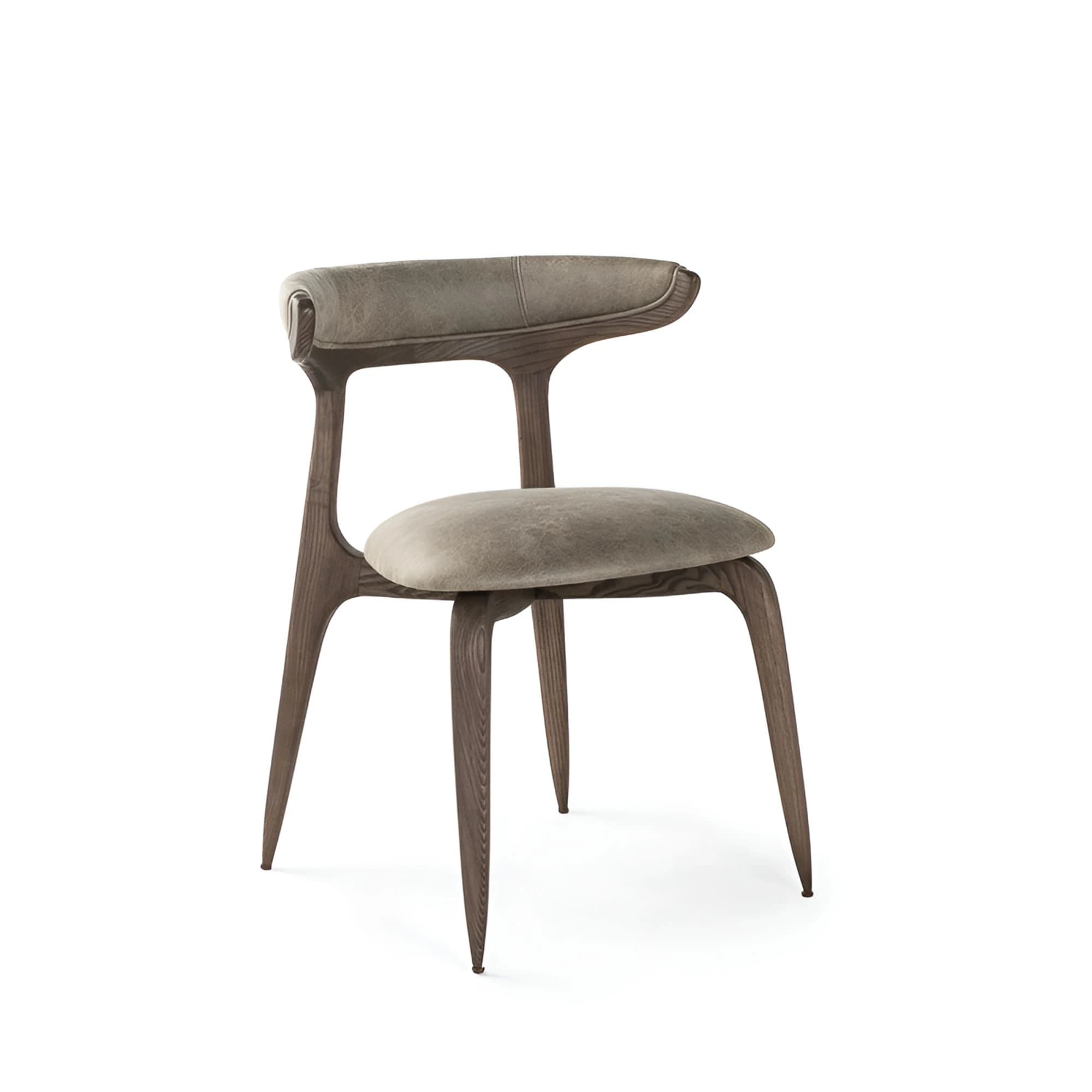 A contemporary dining chair featuring a curved wooden frame with dark stain and light grey/taupe upholstered seat and backrest, designed with integrated arm support. — 3D model