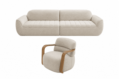 A modern two-seater sofa upholstered in a light beige, textured fabric, featuring a low-profile design. The seat and back cushions have distinct vertical ribbed detailing, providing a subtle texture contrast. The sofa has soft, rounded edges throughout its form, including the integrated armrests and backrest, contributing to a streamlined and inviting appearance. It appears to be composed of two modular sections, suggesting flexibility in configuration. — 3D model