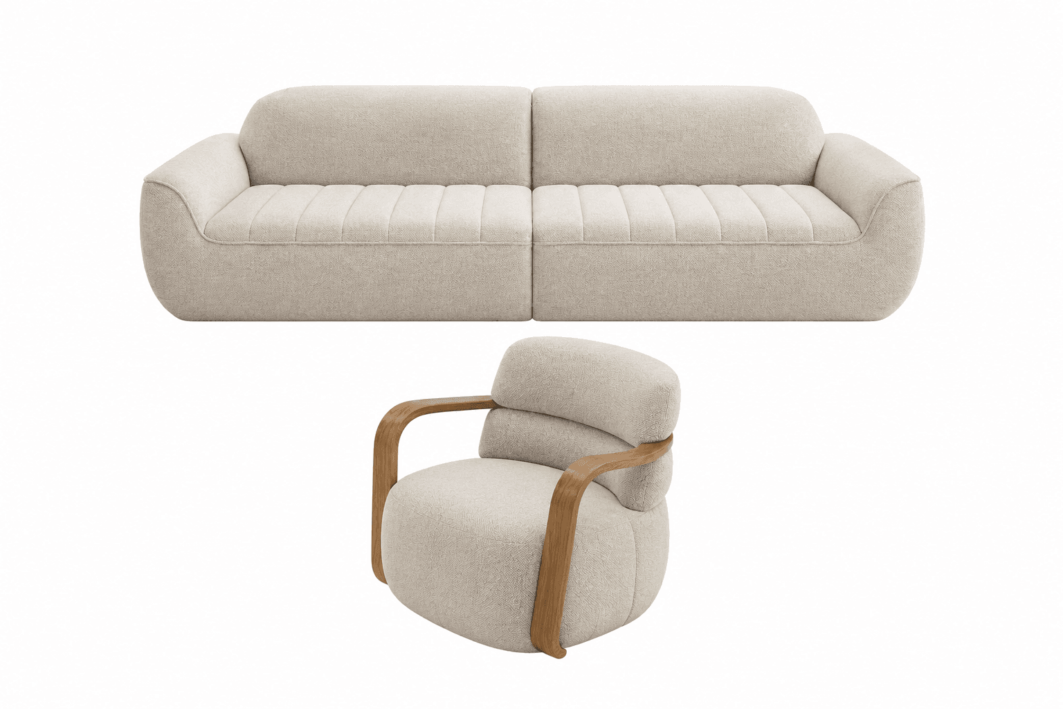 A modern two-seater sofa upholstered in a light beige, textured fabric, featuring a low-profile design. The seat and back cushions have distinct vertical ribbed detailing, providing a subtle texture contrast. The sofa has soft, rounded edges throughout its form, including the integrated armrests and backrest, contributing to a streamlined and inviting appearance. It appears to be composed of two modular sections, suggesting flexibility in configuration. — 3D model