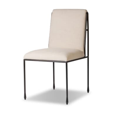 An armless dining chair featuring a minimalist dark metal frame and light beige upholstered seat and back. The design is sleek and contemporary, emphasizing clean lines and comfort. — 3D model