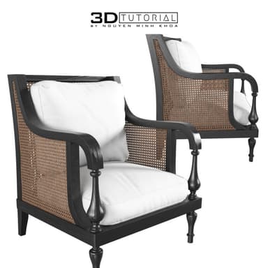 A dark-stained wooden armchair featuring cane webbing on the back and sides, equipped with plush white seat and back cushions. The chair has curved armrests and decorative turned front legs. — 3D model