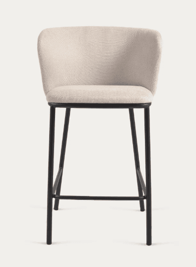 A modern upholstered bar stool with a curved backrest and a black metal frame. The seat and back are covered in a textured, light-colored fabric. The frame consists of four slender legs connected by horizontal supports for stability. — 3D model