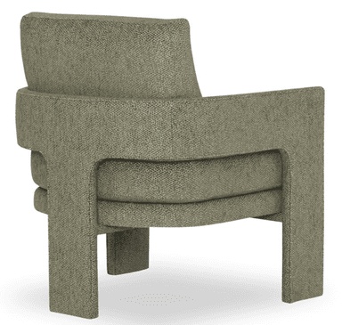 A contemporary armchair with a boxy, streamlined silhouette, fully upholstered in a greenish-gray fabric with a fine, speckled pattern. It features integrated block arms and a separate, removable seat cushion and back cushion. The base is also upholstered and integrated into the design, giving it a low-profile, solid appearance. — 3D model
