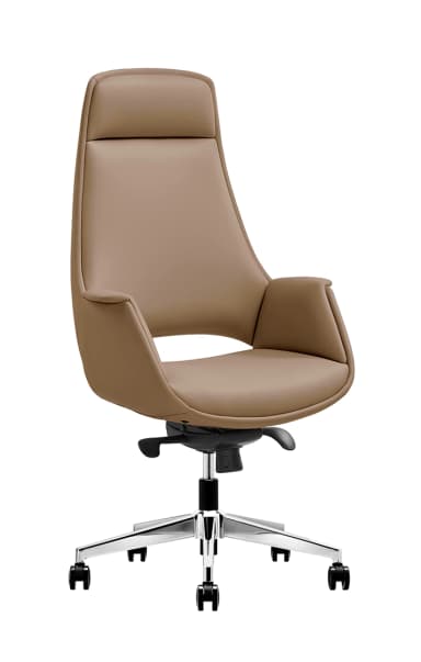 A modern office chair with a high, contoured backrest and integrated armrests. The chair features a polished chrome five-star base with caster wheels for mobility and a pneumatic height adjustment lever. The upholstery appears to be a smooth, tan-colored material, possibly leather or high-quality synthetic. — 3D model