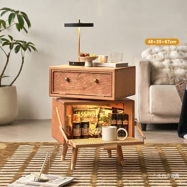 A wooden nightstand with a single drawer and an open compartment below. The drawer has two brass knobs. The lower compartment features a drop-down door with a cane-woven inset and a brass pull handle. The nightstand is supported by four tapered legs with brass accents at the base. — 3D model