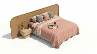 A modern platform bed featuring a light-toned wooden headboard with a distinctive curved side panel. The headboard integrates a matching wooden bedside table. The bed base is upholstered in a neutral fabric and is dressed with pink and grey bedding, including a quilted duvet and throw blanket. A wooden tray with wine and snacks rests on the bed. — 3D model
