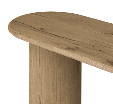 A long, narrow console table with an organically shaped, slightly rounded rectangular top. The table has two thick, solid legs that are columnar and cylindrical in form, with the front face of each leg being flat and extending down to the floor with a subtle curve. The wood grain is pronounced, suggesting a natural, possibly reclaimed wood material. — 3D model
