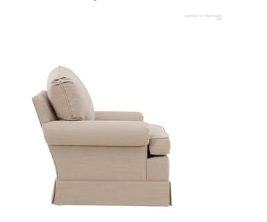 A traditional upholstered armchair featuring a classic silhouette. It has rolled arms, a rounded backrest, and a loose seat cushion. The base is covered with a tailored skirt, giving it a soft and cohesive appearance. The chair is upholstered in a light, neutral-toned woven fabric. — 3D model