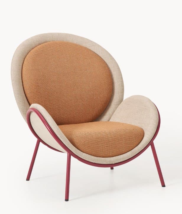 A contemporary lounge chair featuring a distinctive curved, enameled metal frame that cradles a two-tone upholstered seat and backrest. The outer shell and seat base are covered in a light beige textured fabric, while the inner back cushion and seat cushion are upholstered in a contrasting terracotta-colored fabric. The chair sits on four slender, angled legs that extend from the main frame, finished in a dark red or maroon hue. Its design offers a sculptural, inviting form for comfortable lounging. — 3D model