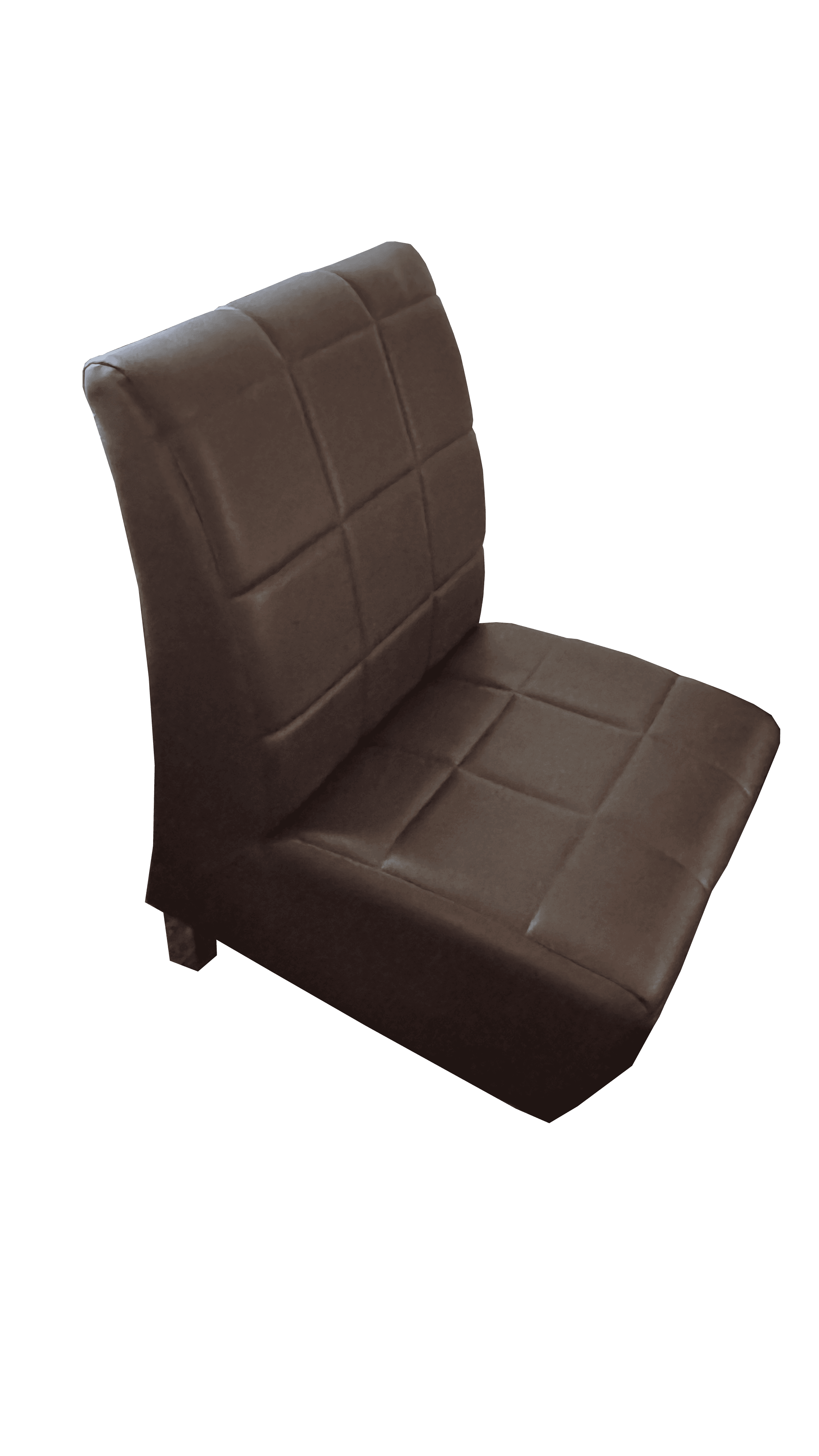 An armless chair upholstered in dark brown faux leather, featuring a distinctive square tufting pattern across both the seat and the tall, slightly curved backrest. The chair has a minimalist profile with short, concealed legs, presenting a contemporary or transitional aesthetic. — 3D model