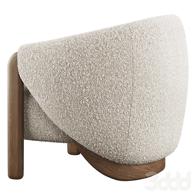 A contemporary armchair with a rounded, upholstered seat and back, supported by a wooden base and legs. The upholstery has a textured, boucle-like finish. The wooden elements feature a visible grain pattern and a warm, natural tone. — 3D model