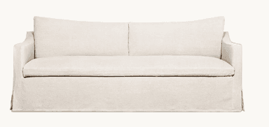 A contemporary two-seater sofa with a full slipcover in a light, neutral fabric, featuring a single bench seat cushion and two loose back cushions. — 3D model