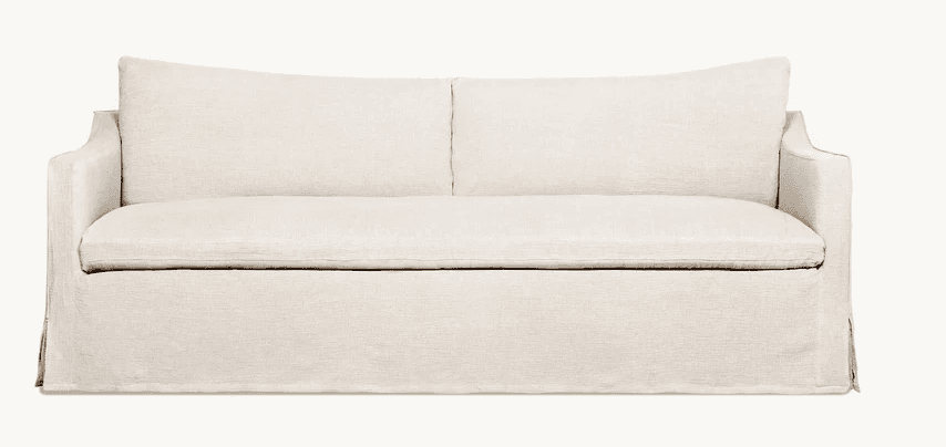A contemporary two-seater sofa with a full slipcover in a light, neutral fabric, featuring a single bench seat cushion and two loose back cushions. — 3D model