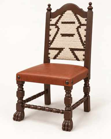 A dark stained wooden side chair in a Spanish Colonial Revival style, featuring a reddish-brown leather upholstered seat and a decorative woven textile back panel. The chair has elaborately turned legs, including one front leg with a distinctive paw or claw foot. The seat and back panel are secured with dark metal nailhead trim. The back posts are topped with turned finials, and the backrest has a shaped top rail. Spindle stretchers connect the legs. — 3D model