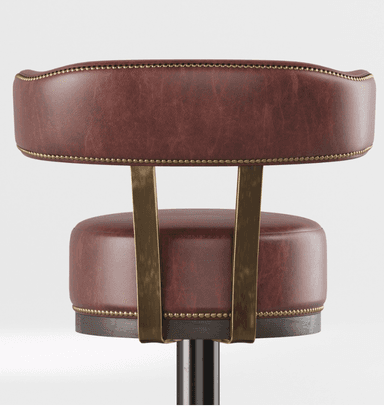 A brown leather bar stool with a metal frame. The seat and backrest are upholstered in dark brown leather and feature decorative nailhead trim along the edges. The backrest is low and curved. The stool has a central black metal pedestal with a round foot and a brass-toned foot ring. The overall design suggests a vintage or industrial aesthetic. — 3D model