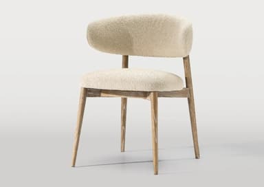 An armless chair featuring a light-colored wooden frame with a gently curved, upholstered backrest and a matching upholstered seat. — 3D model