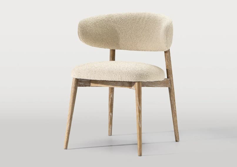 An armless chair featuring a light-colored wooden frame with a gently curved, upholstered backrest and a matching upholstered seat. — 3D model