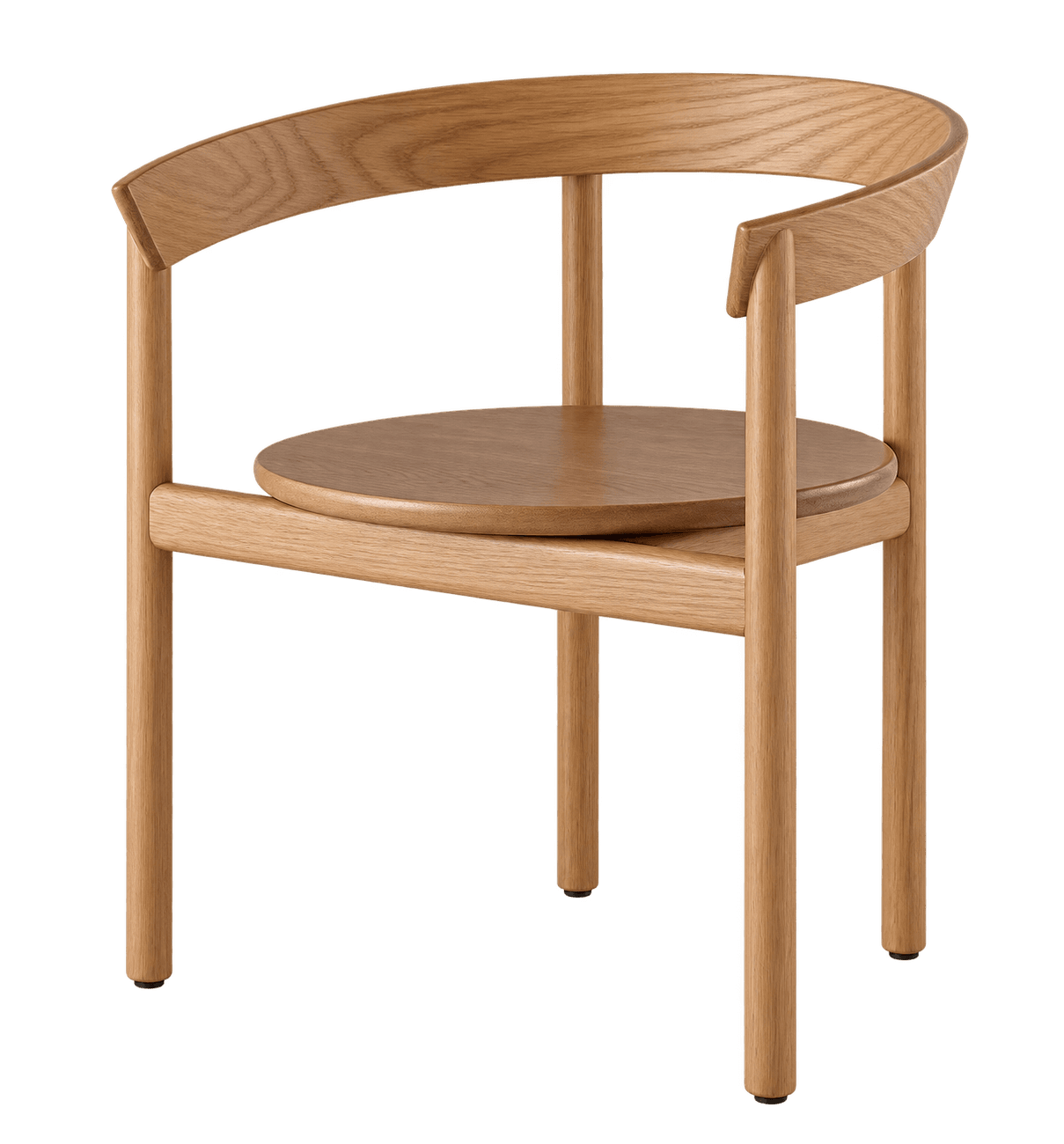 A contemporary armchair crafted from natural oak wood, featuring a circular seat and a continuous curved backrest that seamlessly integrates into the armrests. The chair stands on four round, straight legs. — 3D model